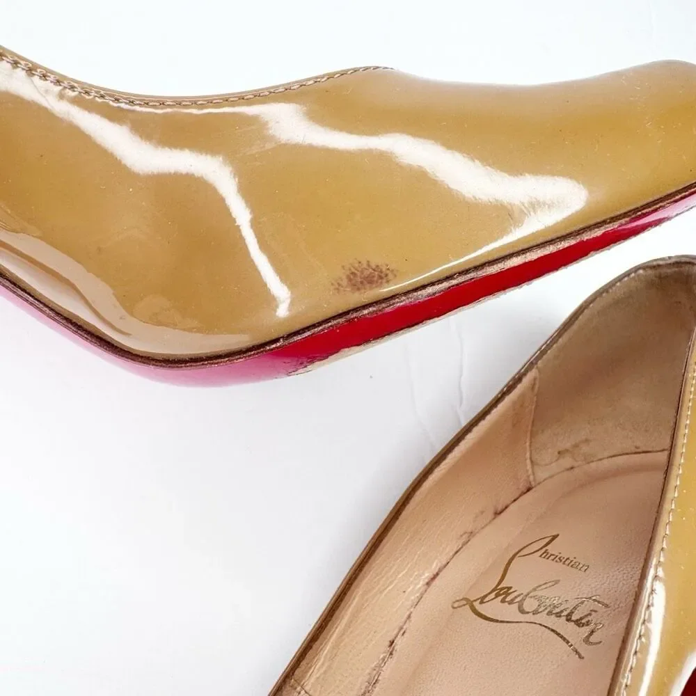Christian Louboutin Beige Nude Patent Leather Heel Classic Round Toe Pumps 37.5